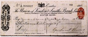 Union of London & Smiths Bank cheque, 1904