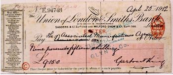 Union of London & Smiths Bank cheque, 1912
