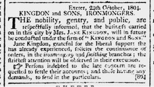 1804 Announcement of Kingdon & Sons
